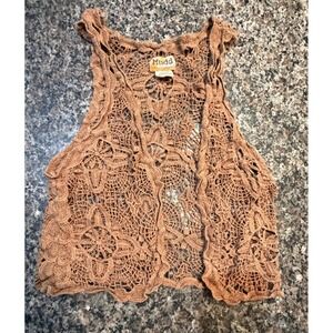 Mudd Women Brown Crochet Lace Vest Boho Hippie Cotton Open Front Small JSM112045